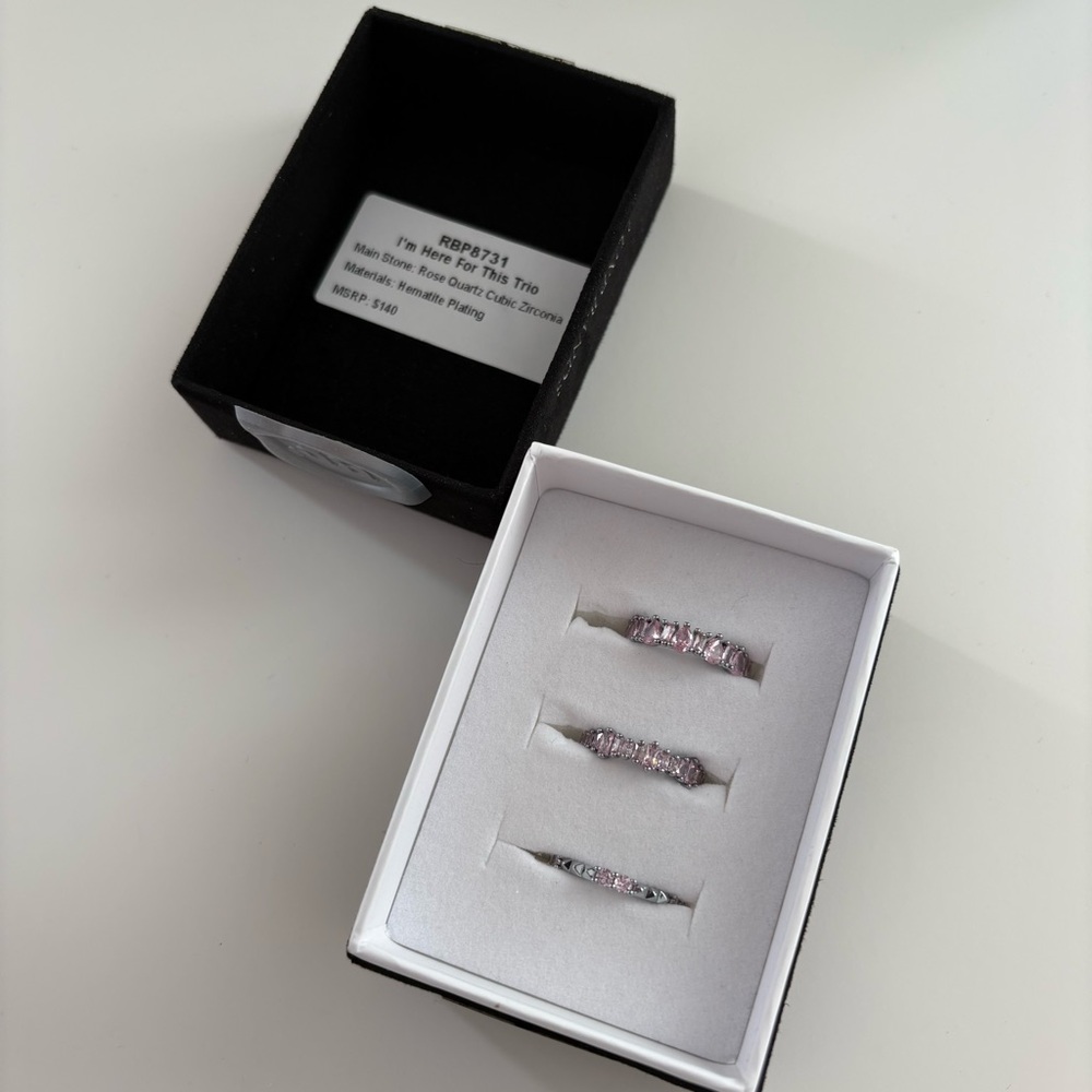 Bomb Party I’m Here for This Trio Luxe Bands Rose Quartz CZ Hematite Plating - Picture 5 of 8